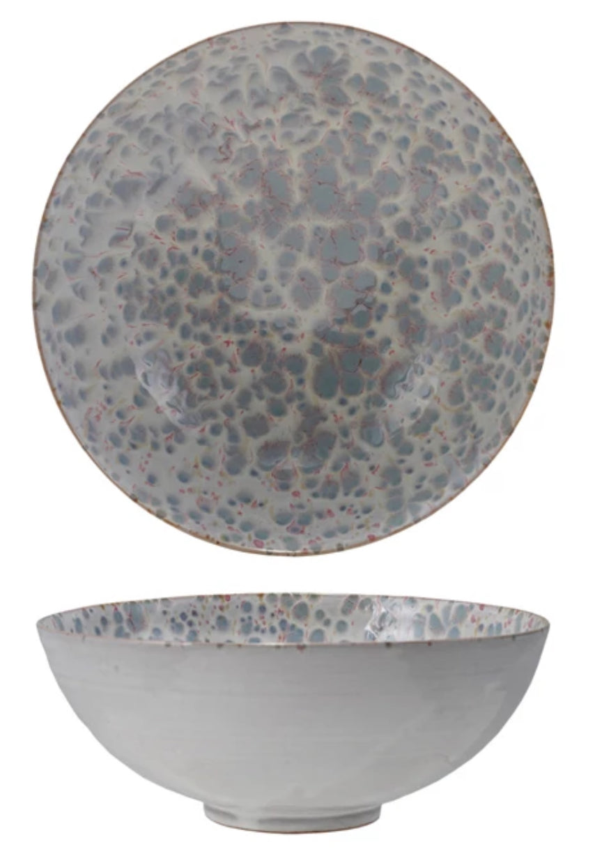10-1/4" Round x 4-1/4"H Stoneware Serving Bowl, Reactive Glaze, Blue & White (Each One Will Vary)