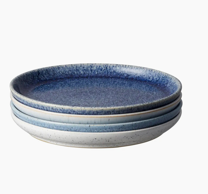 Stack of three handcrafted Studio Blue Coupe medium plates by Lykke Living, Lenox MA, artisan stoneware with speckled blue. - Studio Blue Coupe Medium Plate