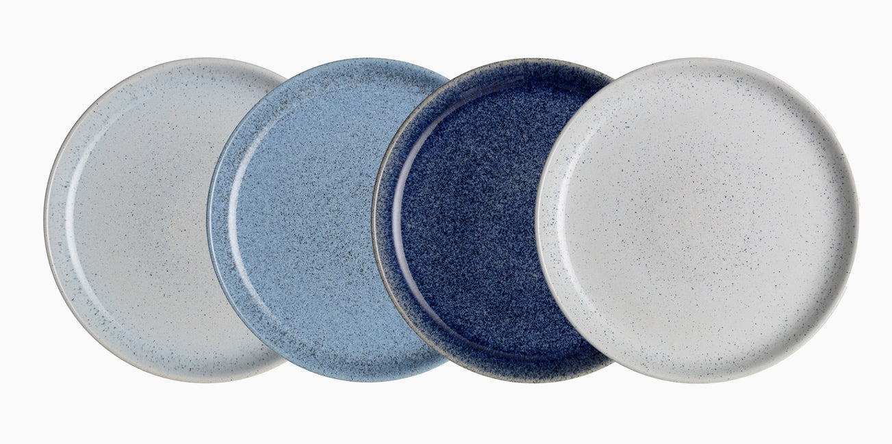 Set of four handcrafted artisan coupe plates in shades of gray and blue by Lykke Living, Lenox MA boutique in the Berkshires. - Studio Blue Coupe Medium Plate