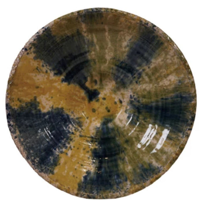 Decorative Terra-cotta Bowl – Green, Yellow & Blue | Reactive Glaze | 15”
