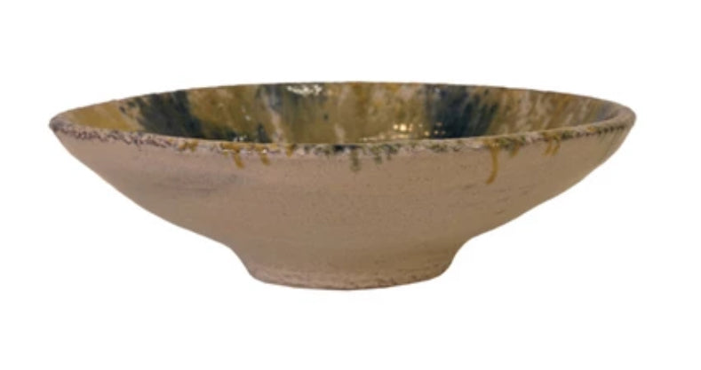 Decorative Terra-cotta Bowl – Green, Yellow & Blue | Reactive Glaze | 15”