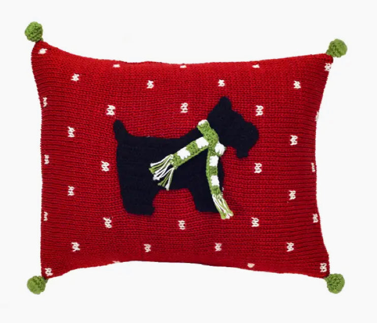 Red knitted Scottie Dog mini pillow with green pom-pom corners, handcrafted by Lykke Living in Lenox MA, artisan decor from. - Scottie Dog Mini Pillow