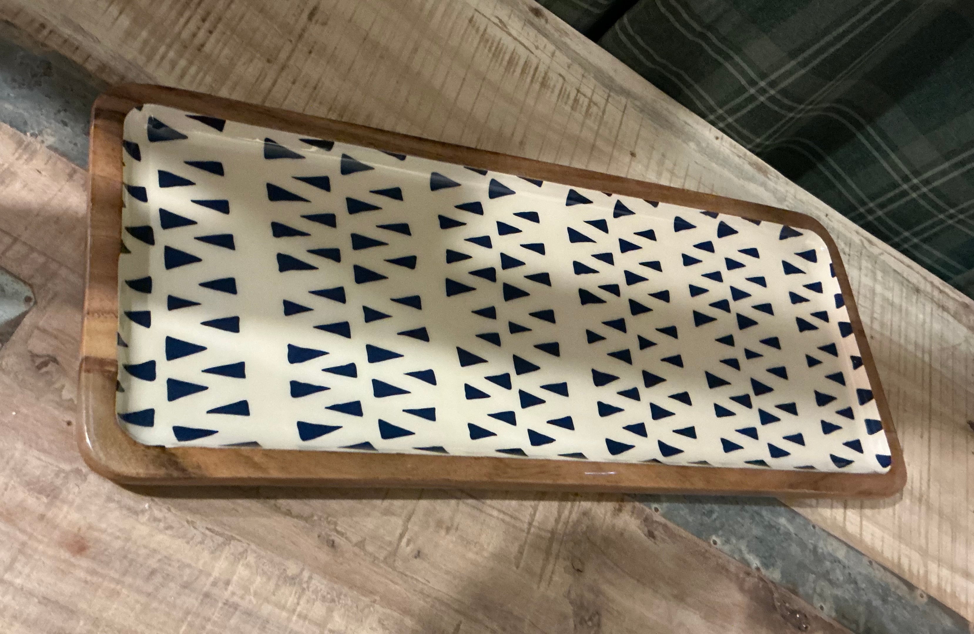 Acacia & Enamel Tray - navy/large