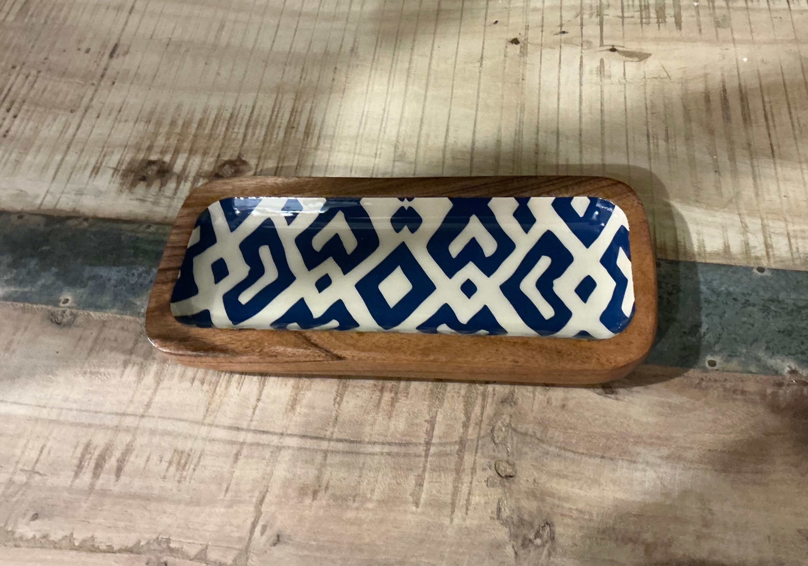 Acacia & Enamel Tray - navy/small