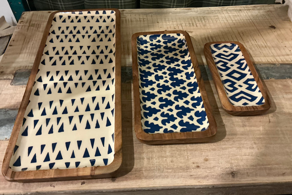 Acacia & Enamel Tray - navy/small