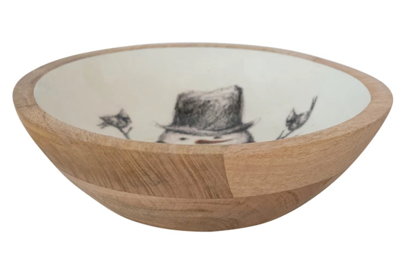 Enameled Mango Wood Bowl with Snowman & Bird Image