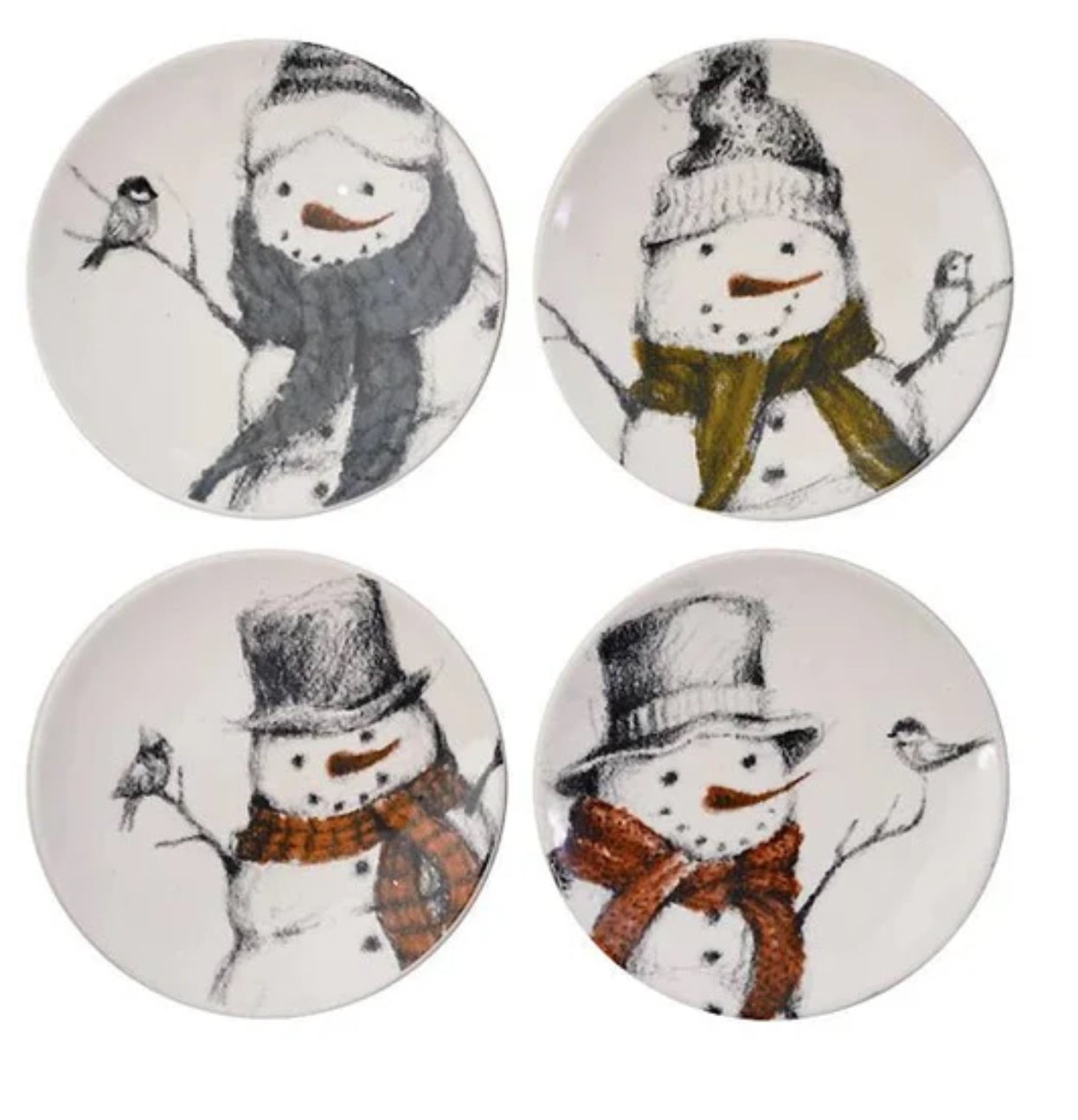 8" Round Stoneware Plate with Snowman & Bird Image, 4 Styles