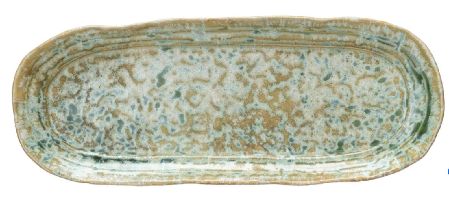 Stoneware Platter – Green | Reactive Crackle Glaze | 12¾”