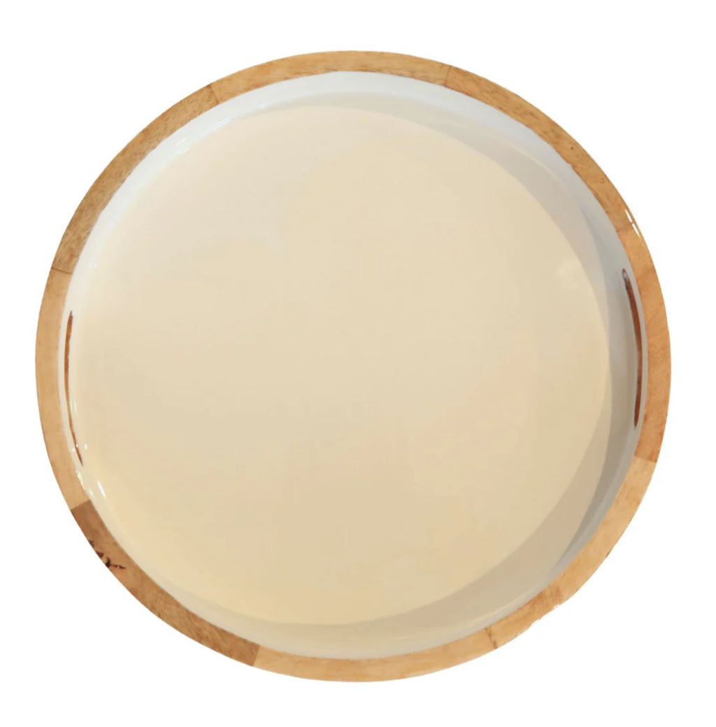 Mango Wood & Enamel Round Tray - White