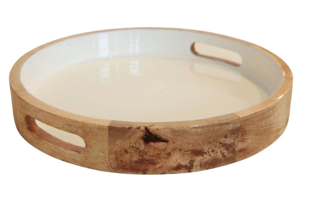 Mango Wood & Enamel Round Tray - White