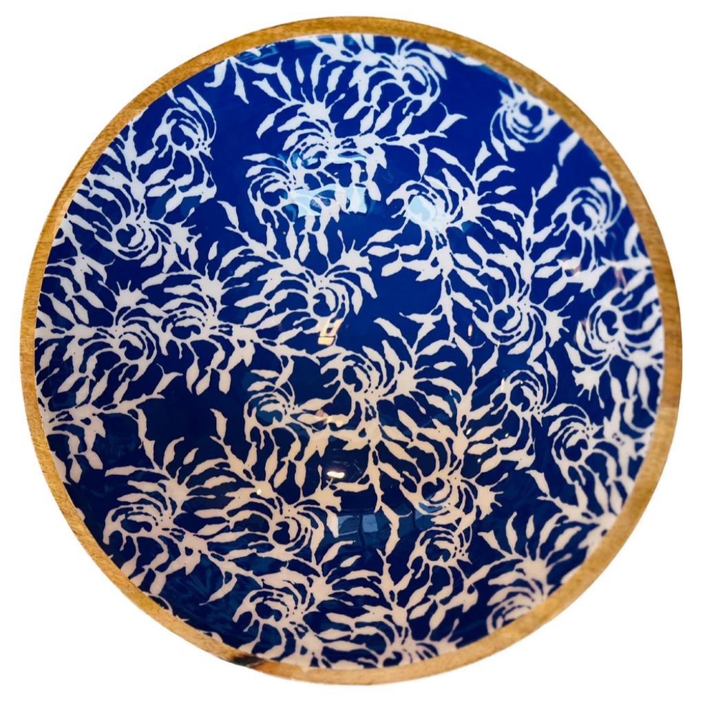 Mango Wood & Enamel Floral Bowl