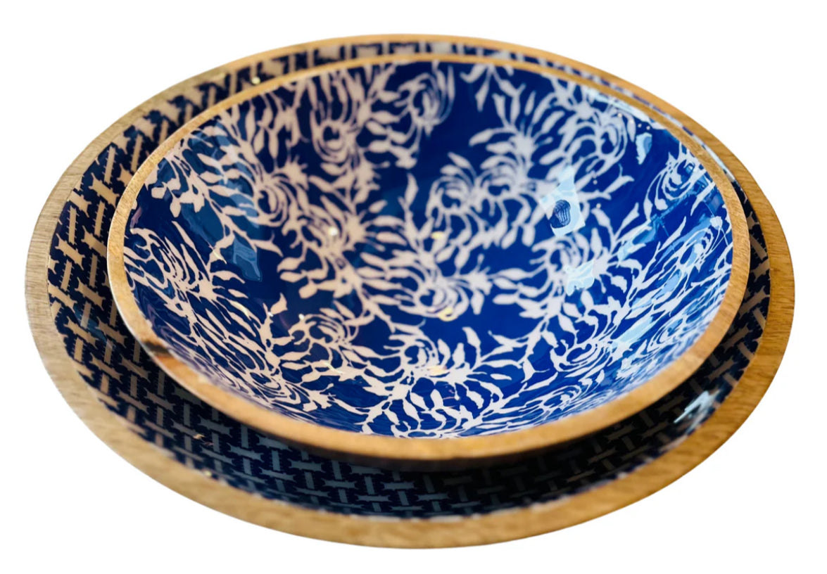 Mango Wood & Patterned Enamel Bowl
