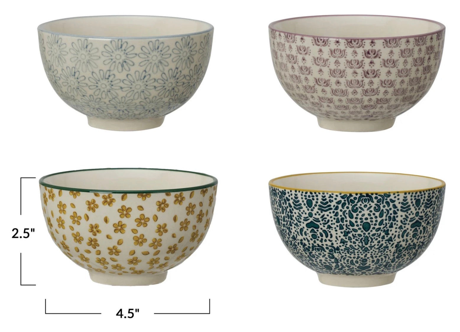 Hand-Stamped Stoneware Bowl — Artisan Ceramic, 4 Patterns, 4.5”