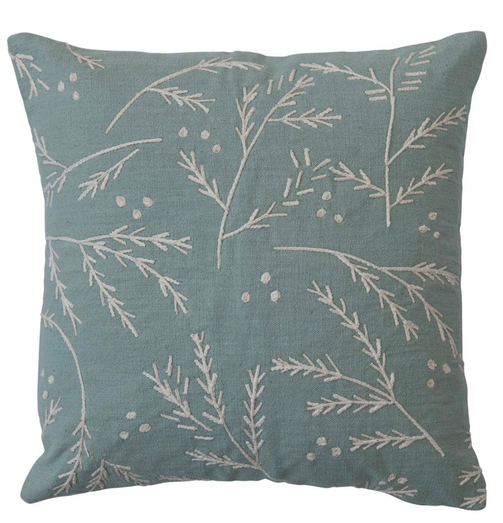 Mint & White Floral Embroidered Cotton Pillow — 20 inch