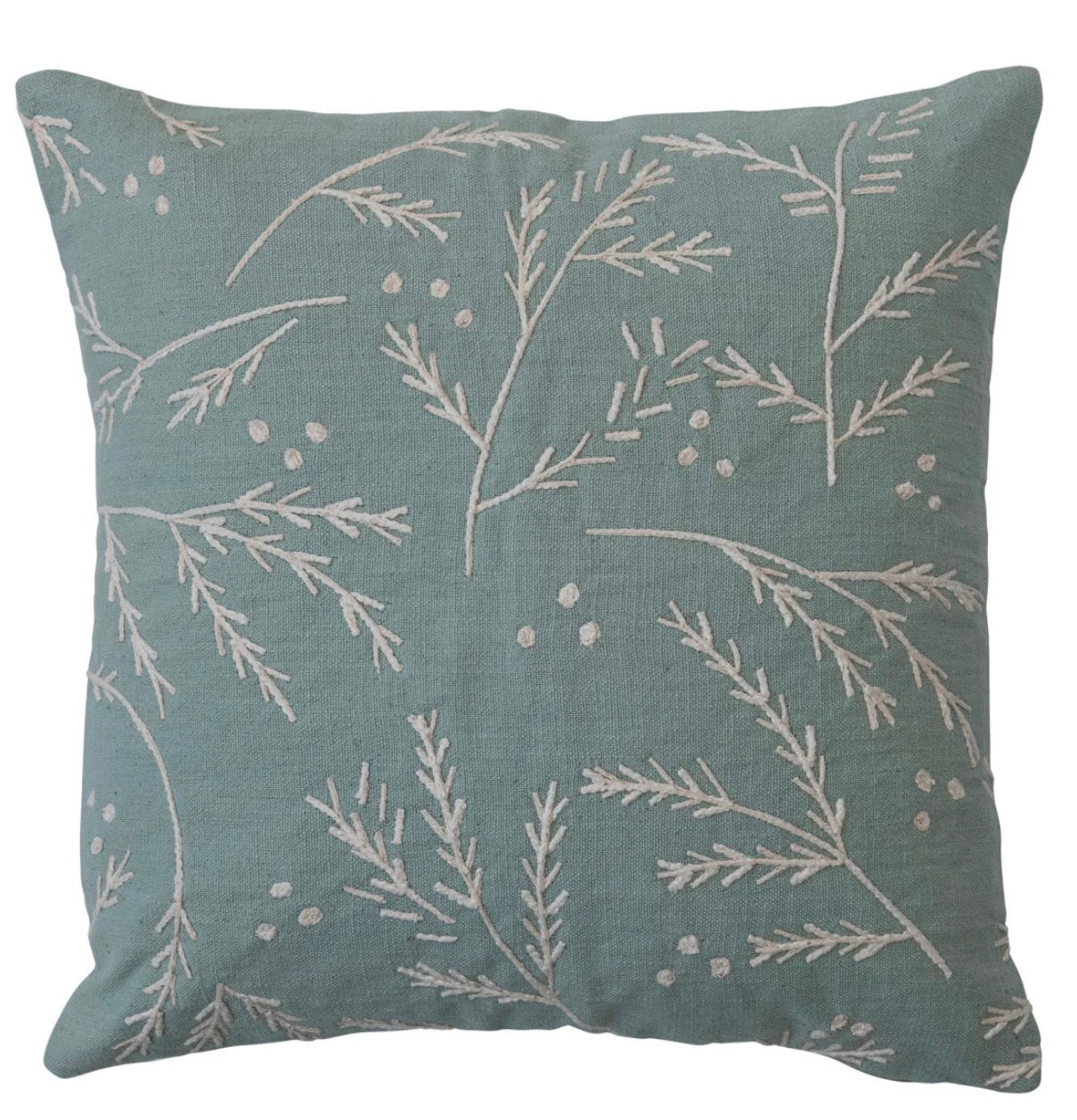 Mint & White Floral Embroidered Cotton Pillow — 20 inch