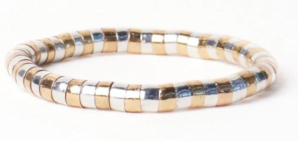 Lucille Round Bead Stretch Bracelet — Alternating Brass & Silver
