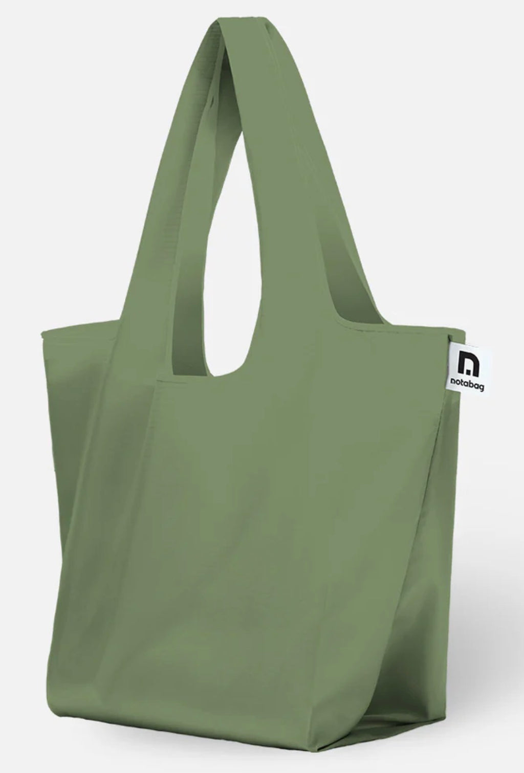 An olive green reusable tote bag with wide shoulder straps and a small white brand tag on the side, shown on a light gray background.