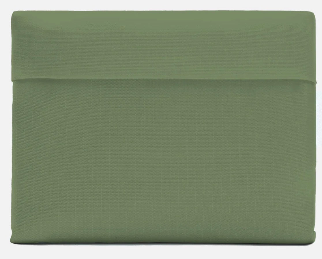 A sage green fabric pouch or sleeve with a horizontal stitched seam across the top, shown against a plain white background.