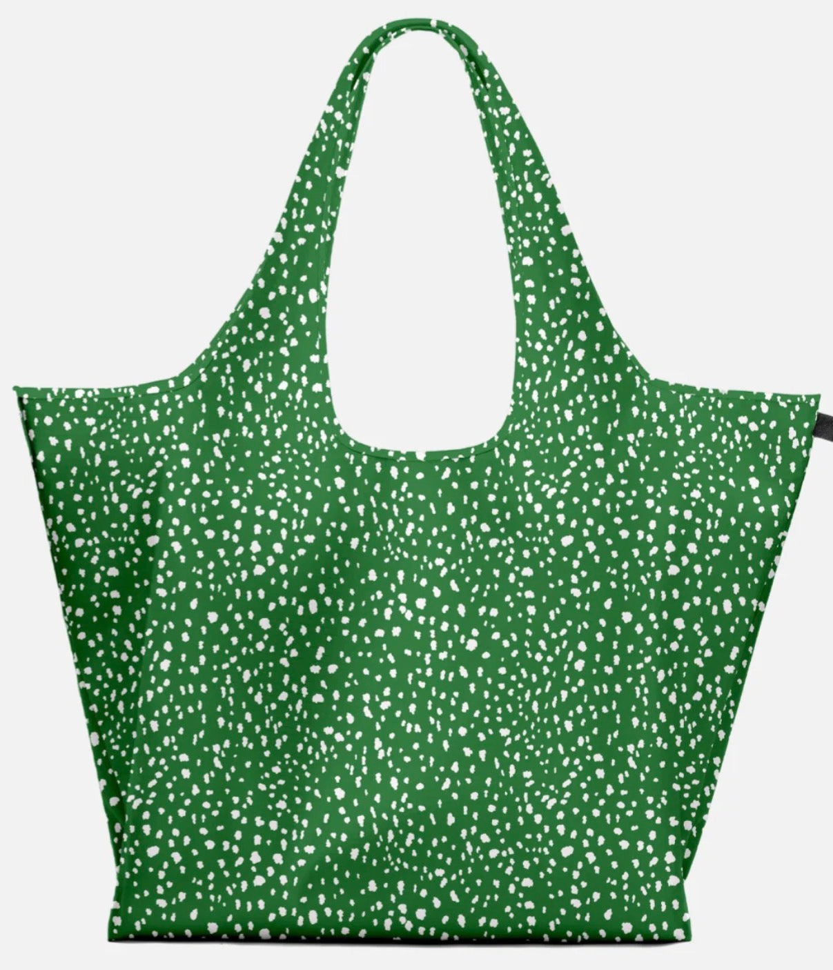 A green reusable tote bag with a white speckled pattern, shown against a plain light gray background.