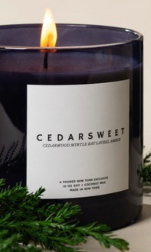 A lit dark glass candle jar with a white label reading CEDARSWEET, surrounded by green pine branches against a light neutral background.