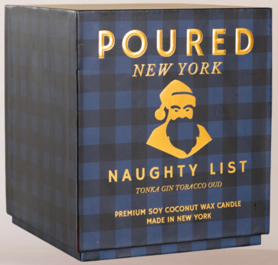 A square product box for a 'Poured New York' candle from the brand 'Naughty List'. The box features a dark blue and black plaid pattern with gold lettering and a gold graphic of a bearded man in a hat.