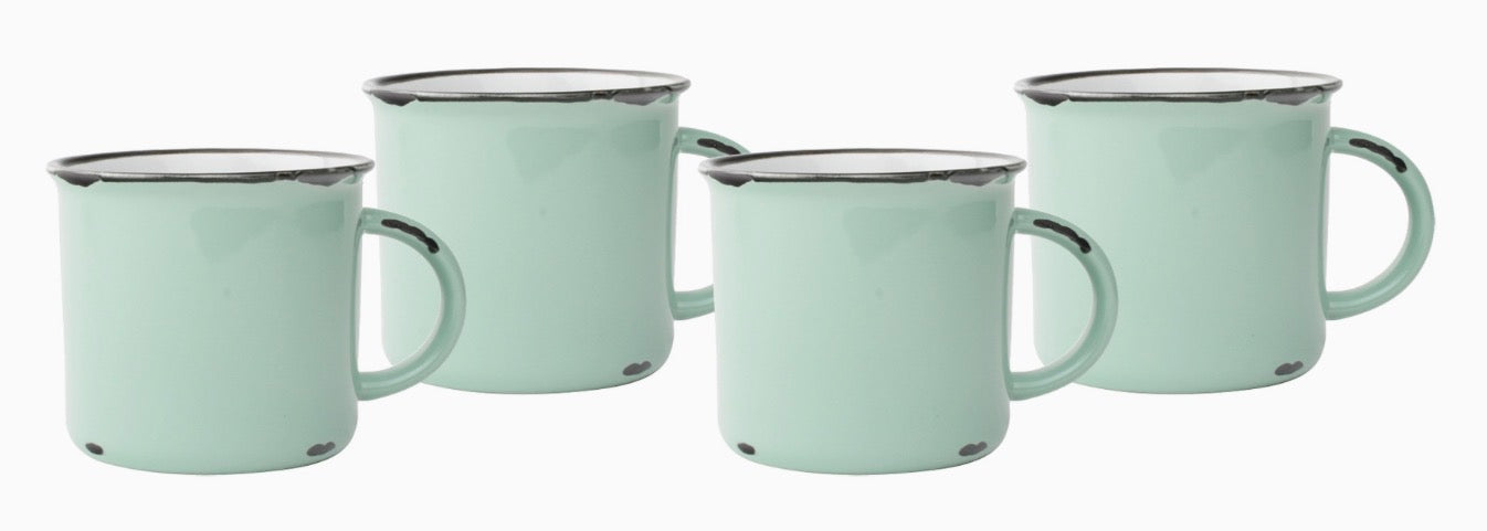 Four mint green enamel camp mugs with silver metal rims and handles, arranged on a plain white background.
