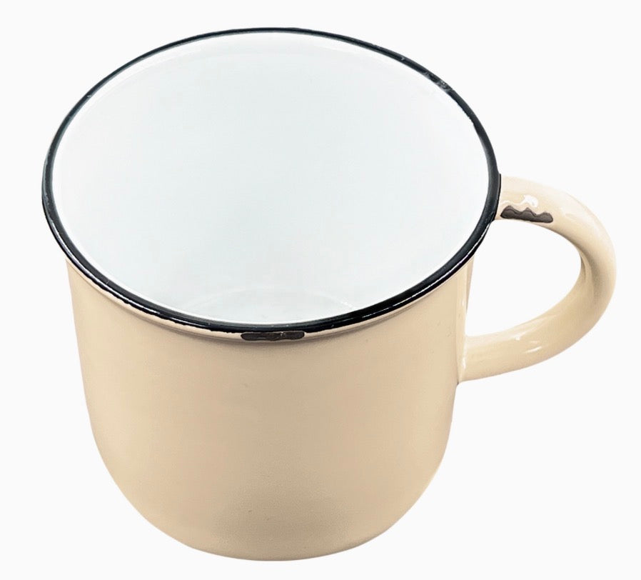 A cream-colored enamel mug with a black rim and a matching cream handle, shown from a top-down angle on a white background.