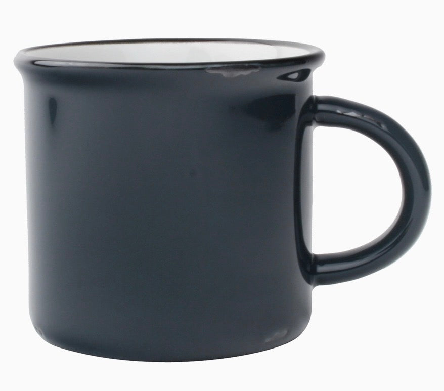 A glossy slate ceramic mug with a curved handle, shown from a three-quarter angle against a plain white background.