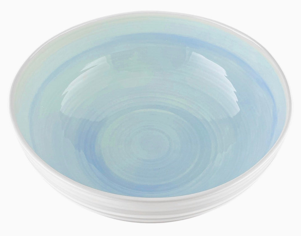 A white ceramic bowl with a glossy, iridescent light blue and green glazed interior, shown from a top-down perspective on a white background.