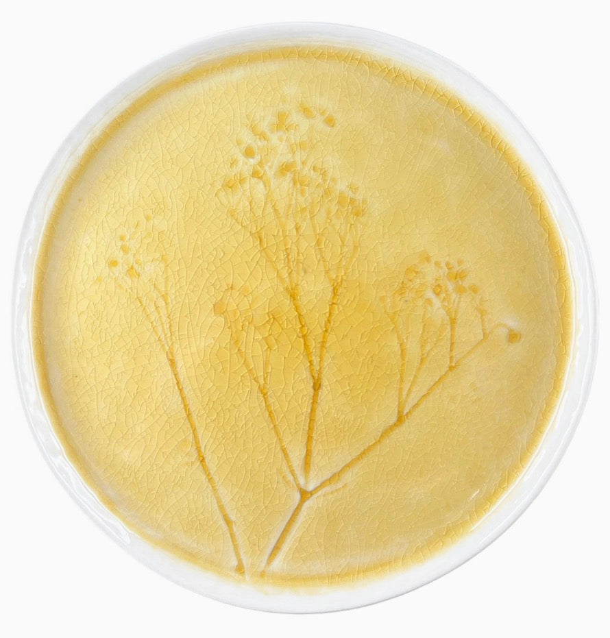 A round white dish containing a pale yellow translucent gel or resin with an embossed botanical branch pattern, shown against a plain white background.