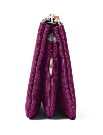 A textured purple drawstring pouch with a silver metal clasp closure, shown from the back on a white background.