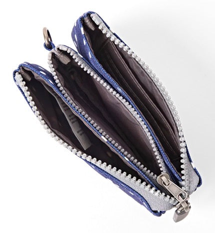 An open blue zip-around wallet with multiple interior compartments, shown on a plain white background.