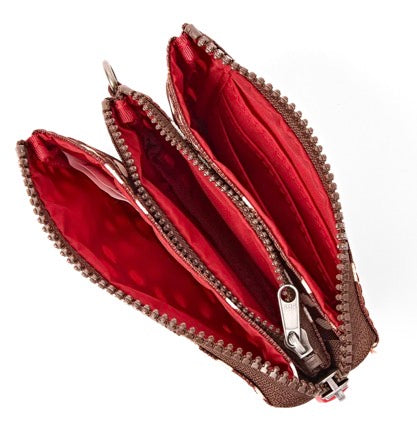 An open brown zippered wallet or coin purse with a bright red interior lining and silver-tone zipper hardware, shown on a plain white background.