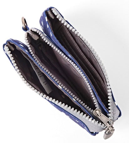 A close-up of an open zippered wallet or card holder with a blue and white patterned exterior, silver-tone zipper teeth, and a dark brown interior.