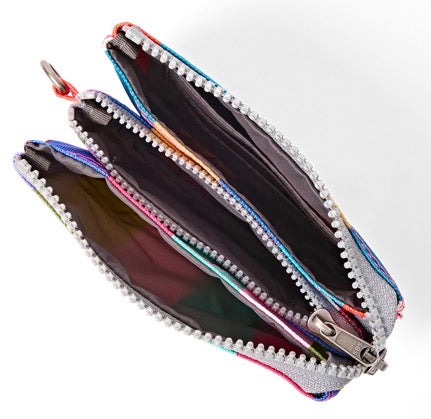 An open silver zipper pouch with multiple interior compartments, shown on a clean white background.