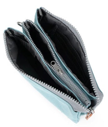 A light blue zippered pouch with multiple interior compartments, shown open against a plain white background.