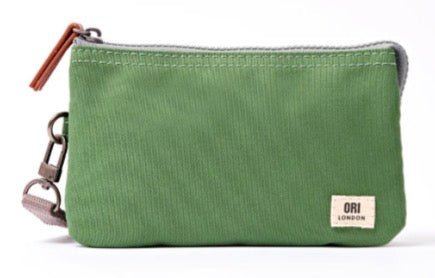 A green corduroy zip pouch with a brown leather zipper pull and a small beige 'ORI LONDON' brand label on the front, set against a plain white background.