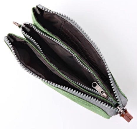 A light green canvas zippered pouch with multiple interior compartments, shown open on a white background.
