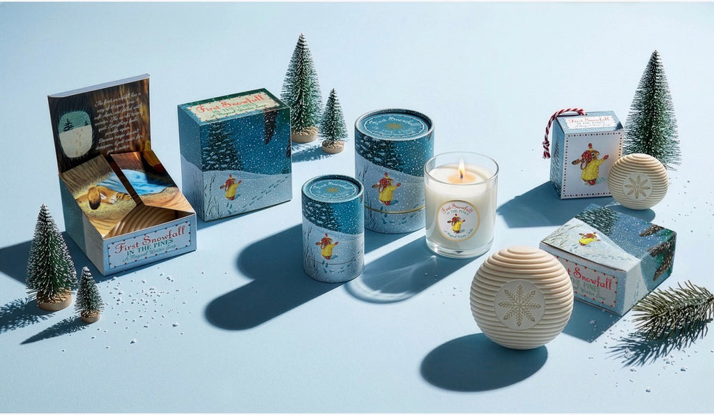 A curated product display of winter-themed candles and gift boxes on a pale blue background, styled with miniature pine trees and pine branches. The collection includes a large open gift box, two cylindrical tin candles, a glass jar candle, a ribbed cream-colored candle holder, and smaller gift boxes, all decorated with blue snow landscapes and yellow bird illustrations.