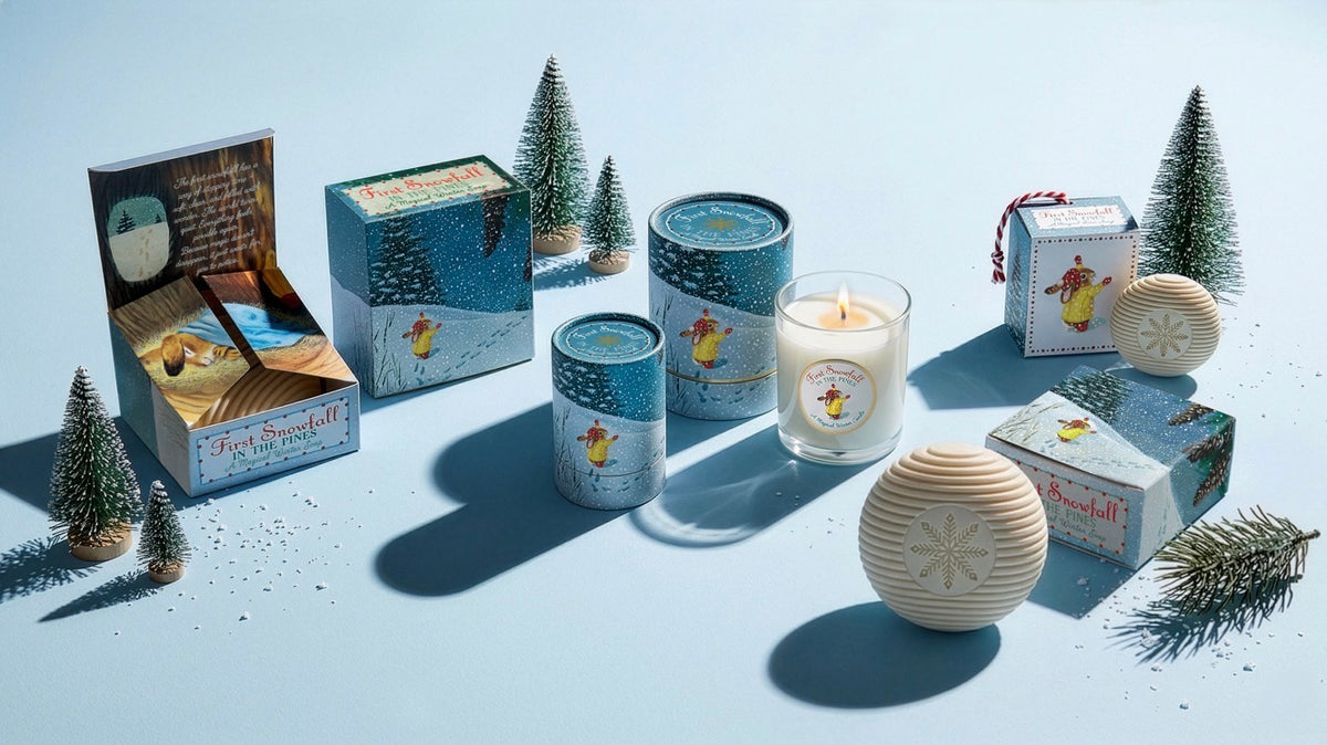 A curated flat-lay of winter-themed candles and gift boxes on a pale blue background, styled with miniature evergreen trees and pine branches. The set includes a large illustrated gift box, two blue patterned tins, a lit white candle in a glass vessel, a ribbed cream-colored candle holder, and smaller wrapped boxes.