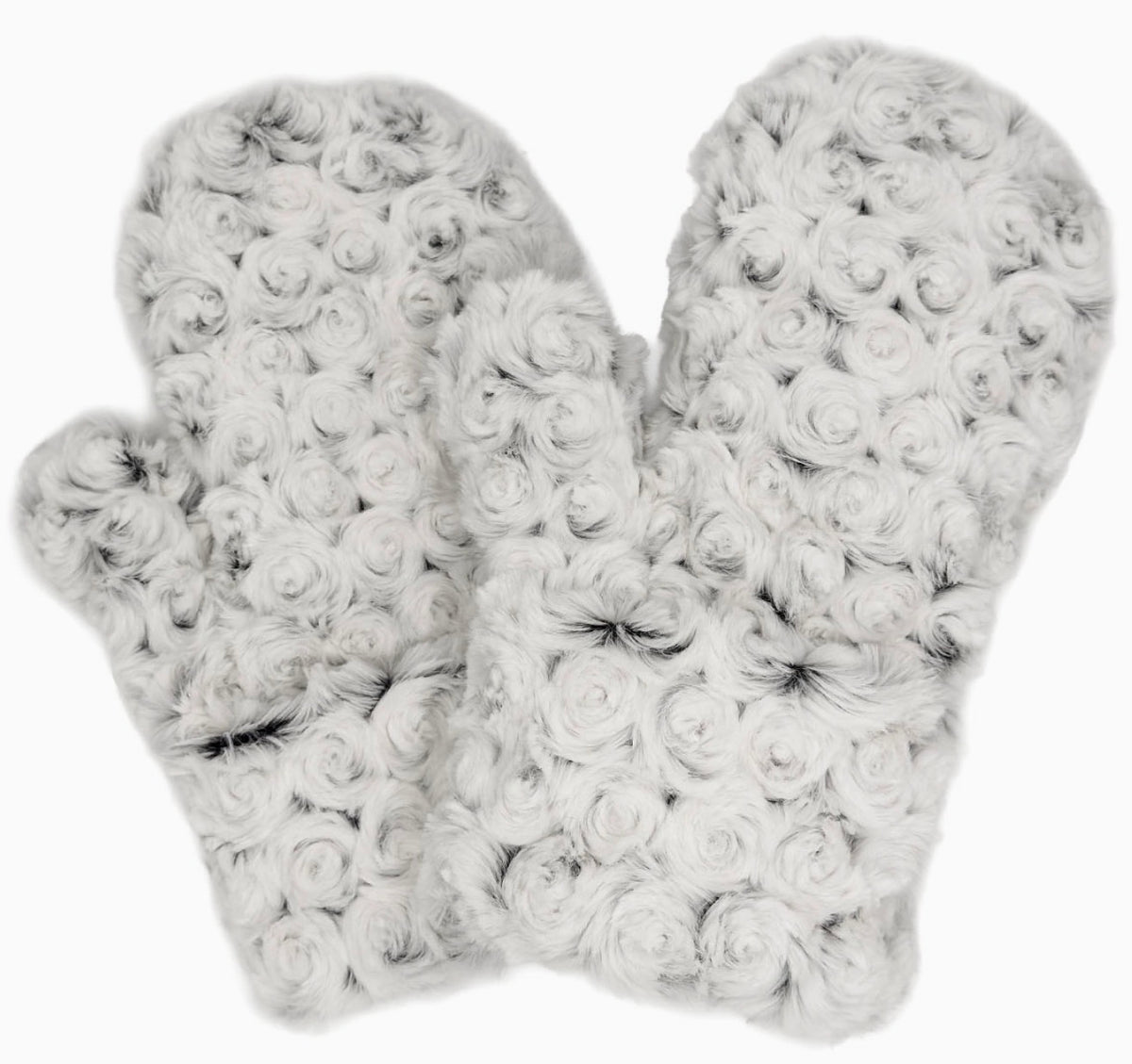 A pair of white faux-fur mittens with a textured rose pattern, displayed against a plain white background.