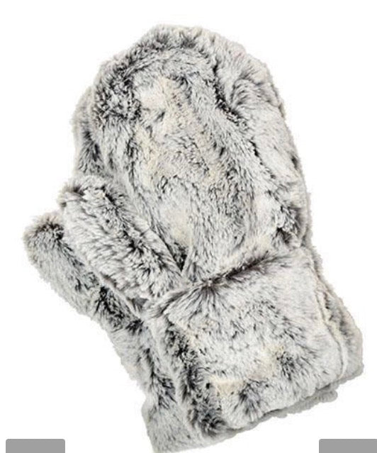 A pair of thick, plush faux fur mittens in a mottled gray and white pattern, shown against a plain white background.