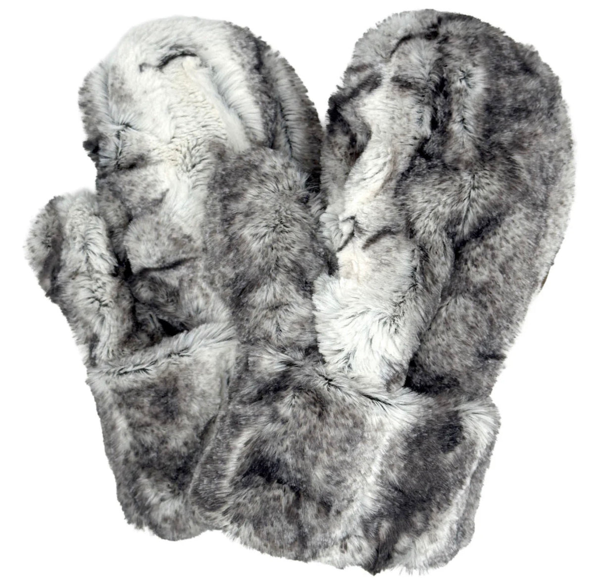 A pair of plush faux-fur gloves in a mottled gray and white pattern, shown against a plain white background.