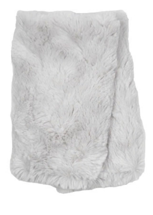 A folded white faux fur blanket or throw with a soft, fluffy texture, shown against a plain white background.