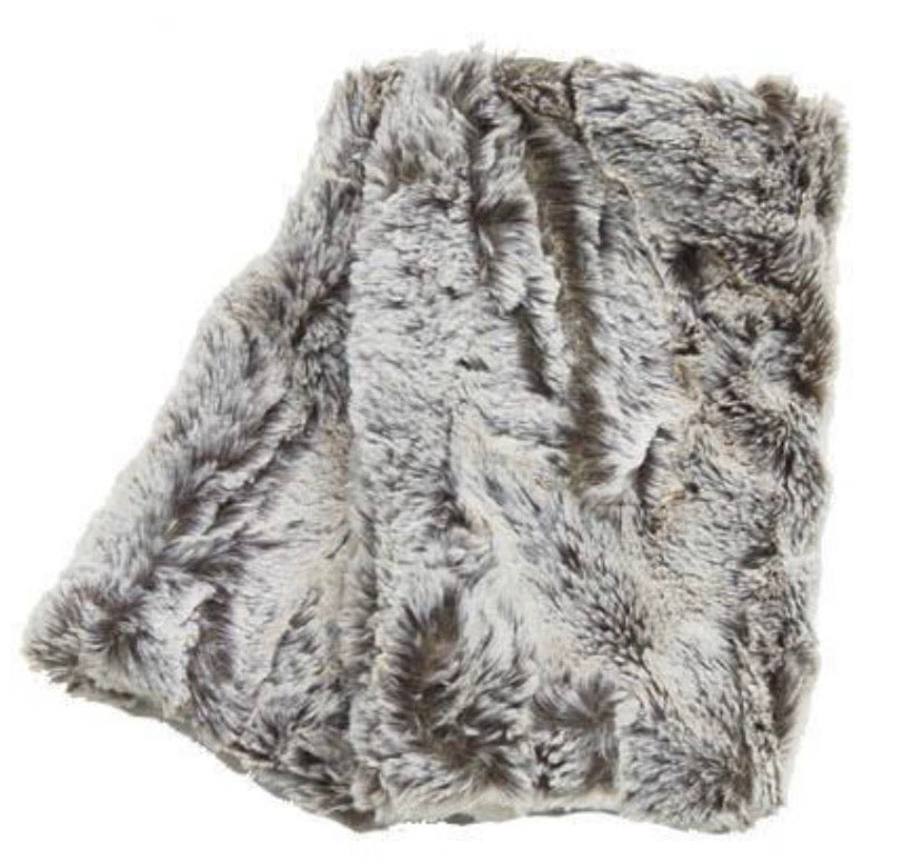 A folded faux fur throw blanket in a mottled gray and white colorway, showcasing its soft, shaggy texture against a plain white background.