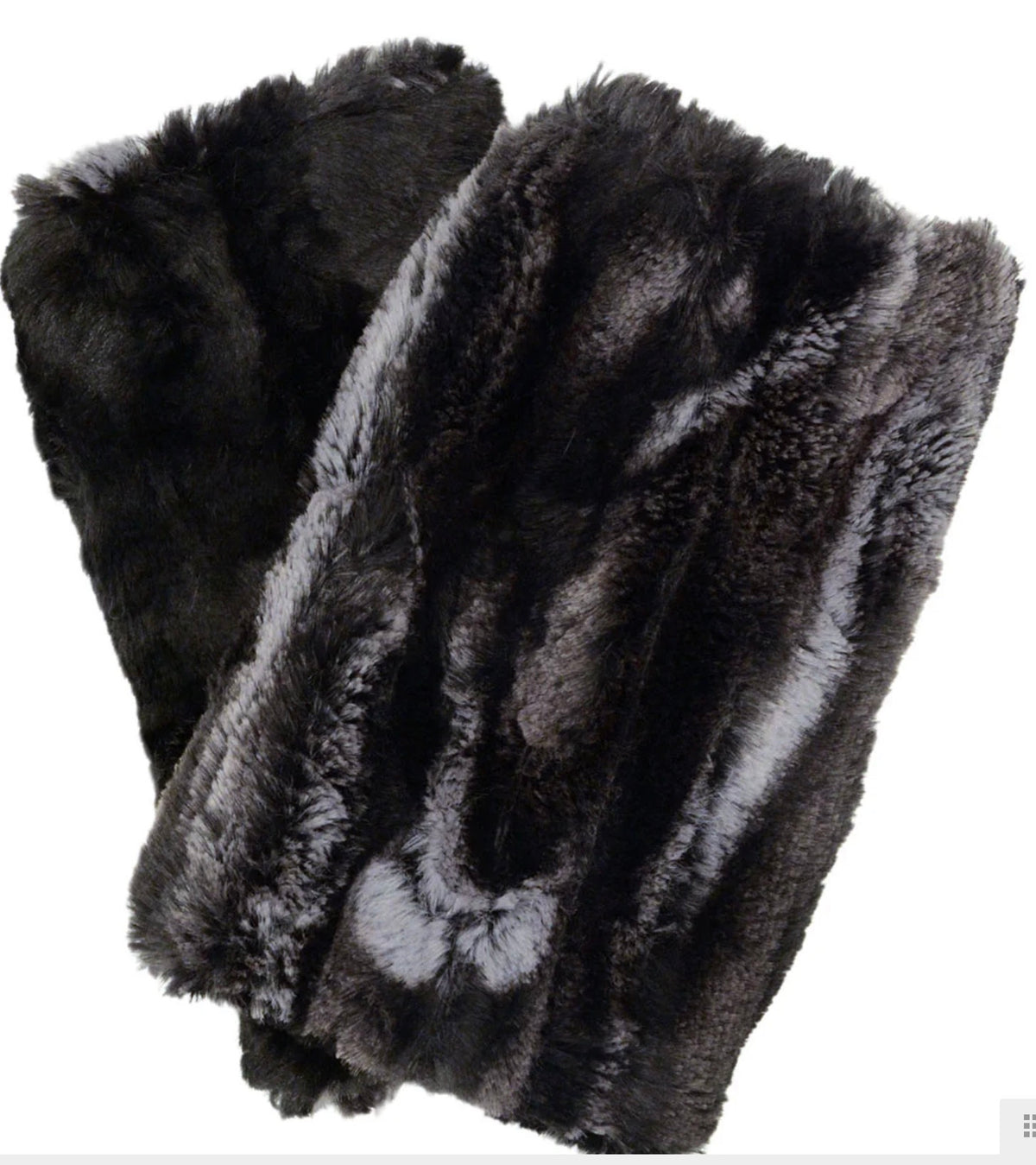 A pair of dark faux fur gloves with a black, gray, and white mottled pattern, shown on a plain white background.