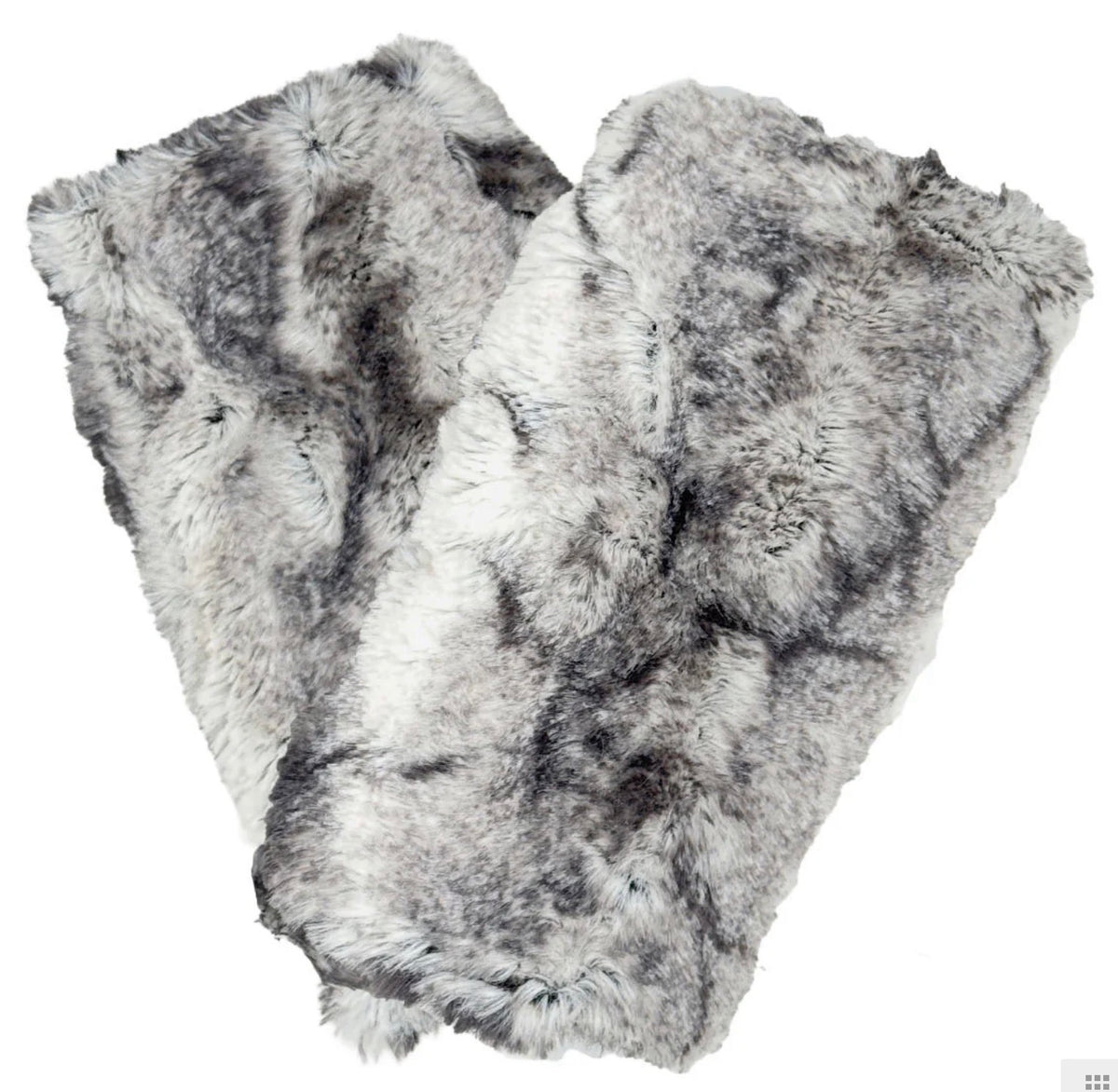 A pair of gray faux fur arm warmers with a mottled black and white pattern, displayed against a solid white background.