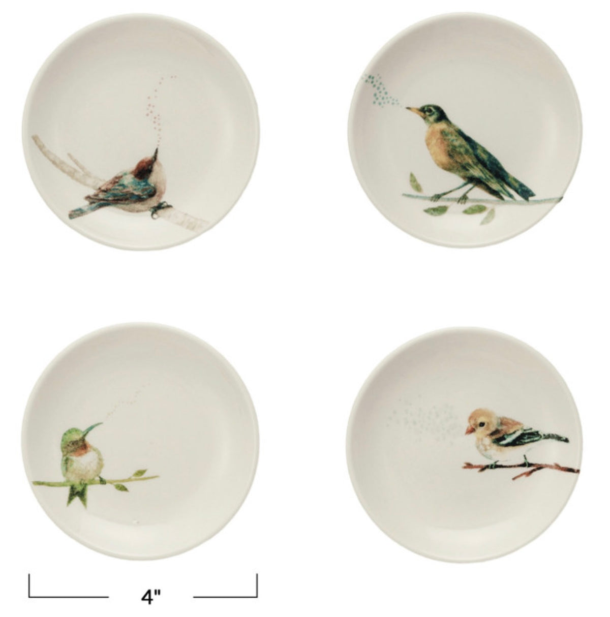 Four round white ceramic plates arranged in a 2x2 grid, each decorated with a different painted bird illustration. A small black scale marker at the bottom left reads 4 inches.