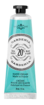 A squeeze tube of La Guerlain Gardenia 20% Shea Butter Hand Cream, featuring a light teal body with a black cap and white label.