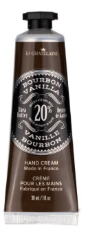 A squeeze tube of La Châlaine Bourbon Vanilla Hand Cream, featuring a dark brown body with a black cap and white printed text and graphics.